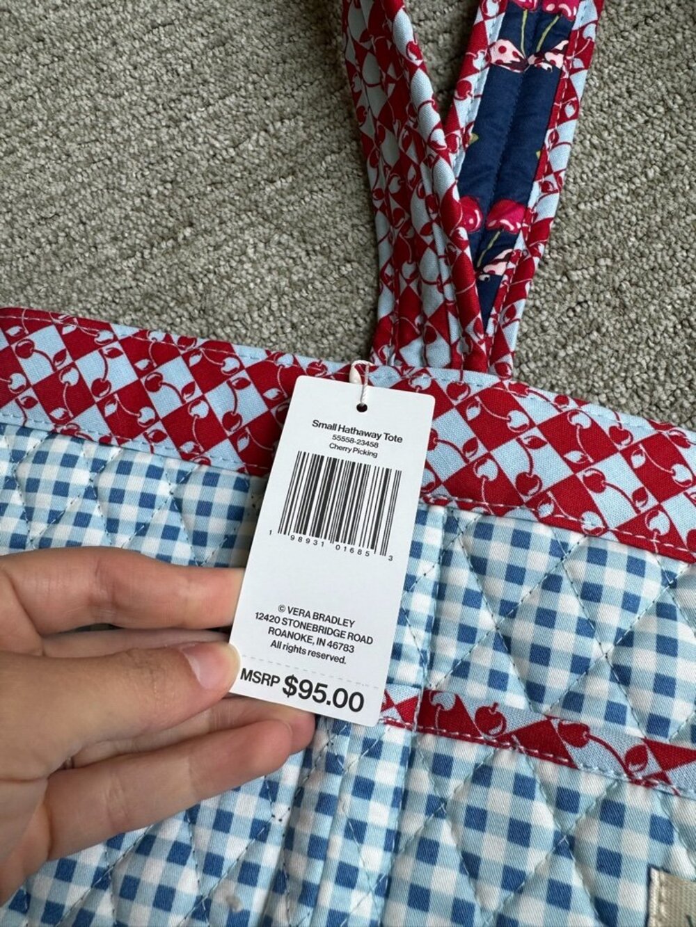 Vera Bradley Reversible Quilted Red, White, & Blue Gingham Cherry Print Tote NWT - Picture 5 of 8